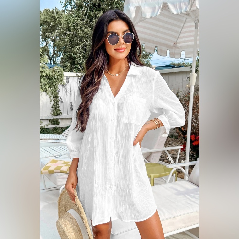 Cupshe - NEVER WORN - Seersucker Tie Cuff Cover-Up Dress - MEDIUM - White